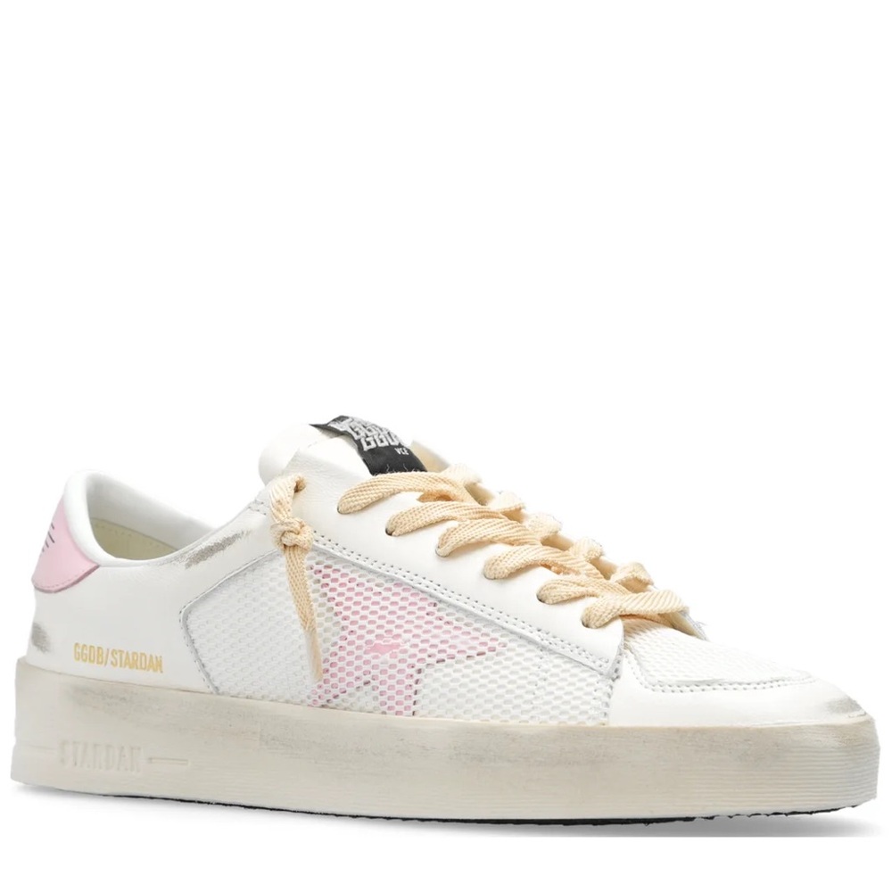 Mesh side panels, all leather. White, ivory & pink Stardan Golden Goose.